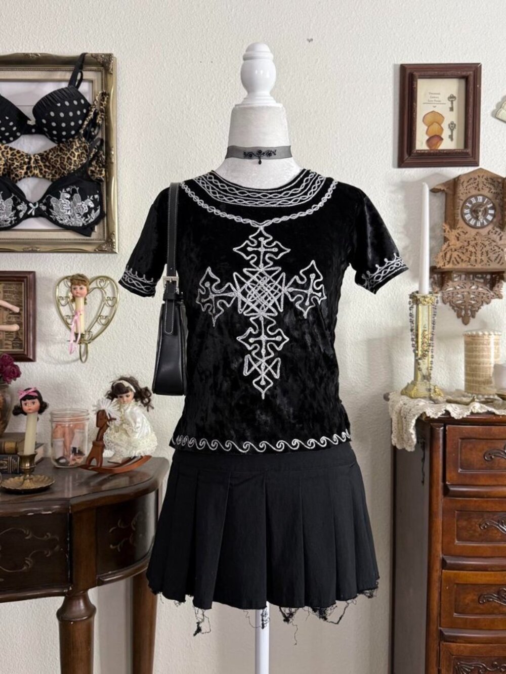 Vintage 90’s witchy whimsigoth black velvet silver embroidered cross design top